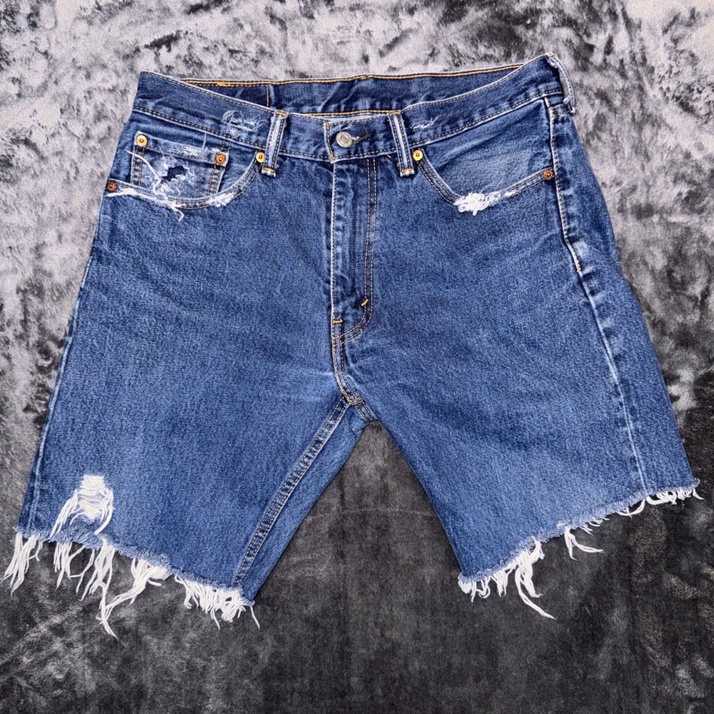 Levis 505 Regular Fit Cut Off Denim Shorts Mens 33 Blue Distressed Frayed Hem